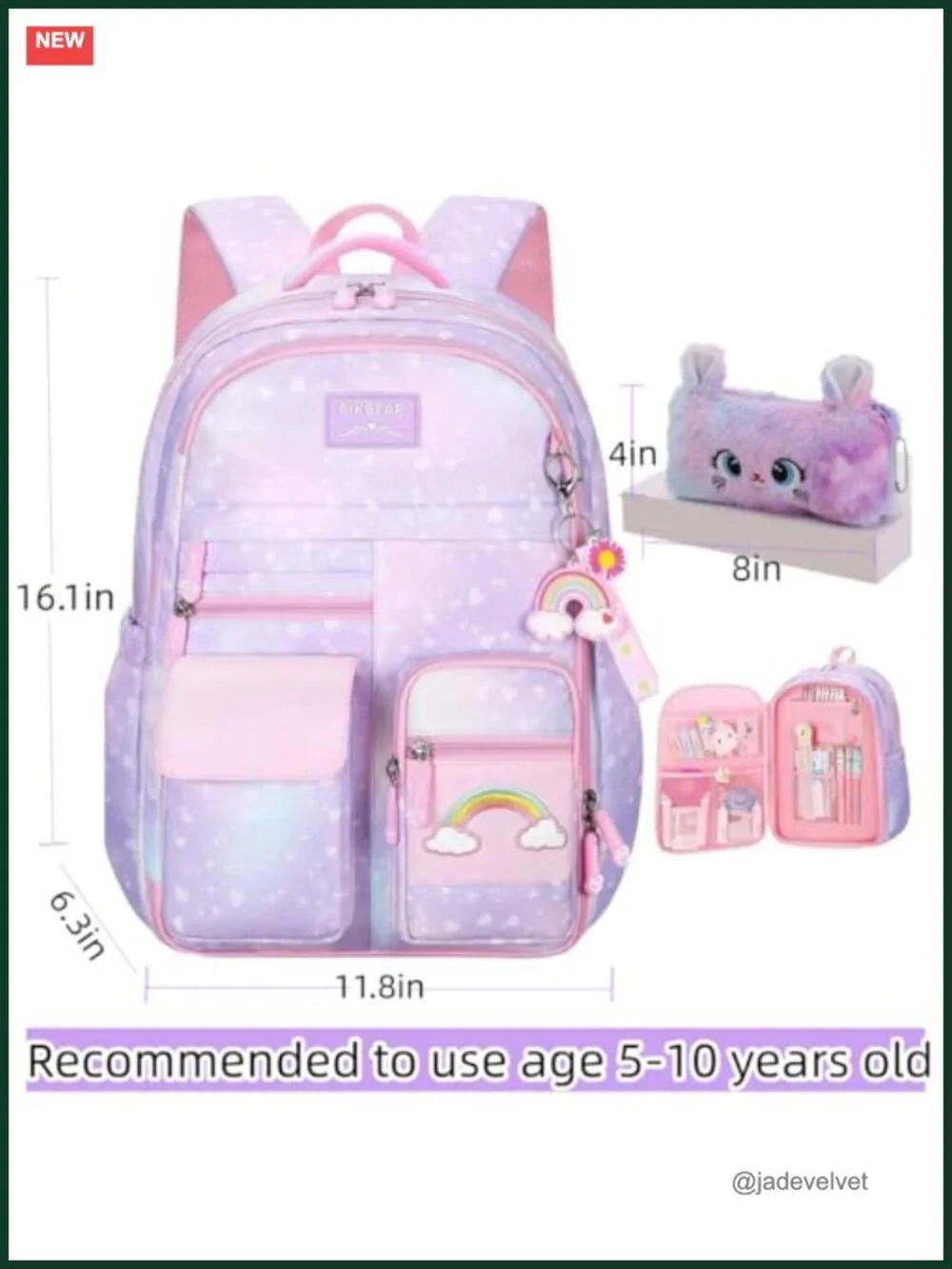 Rainbow Kids Backpack with Pencil Case, Water Resistant Nylon School Bag for